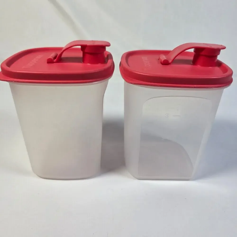 Tupperware Slim Line Pitchers 1 Qt Red Flip Top Spout Lids Set of 2